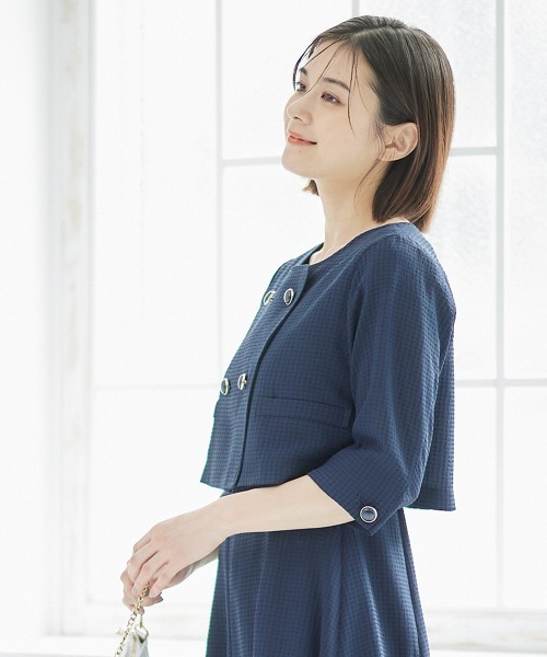 12Twelve Agenda（トゥエルブ　アジェンダ）の「シアサッカーノーカラーダブルジャケット（ノーカラージャケット・レディース・ネイビー/グリーン・M）」の5枚目の写真