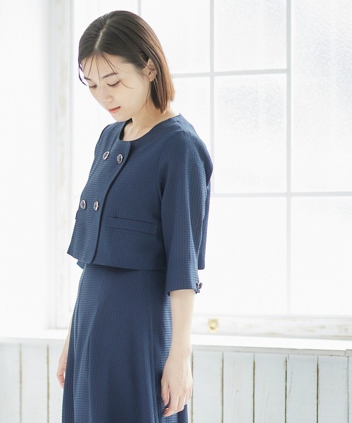 12Twelve Agenda（トゥエルブ　アジェンダ）の「シアサッカーノーカラーダブルジャケット（ノーカラージャケット・レディース・ネイビー/グリーン・M）」の6枚目の写真