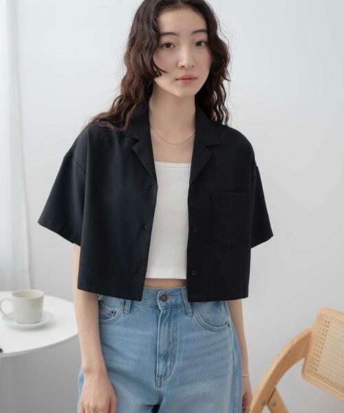 WEGO(ウィゴー)の「WEGO/オープンカラーショートシャツ(シャツ/ブラウス・レディース・ブラック/グリーン/ホワイト・FREE)」の4枚目の写真