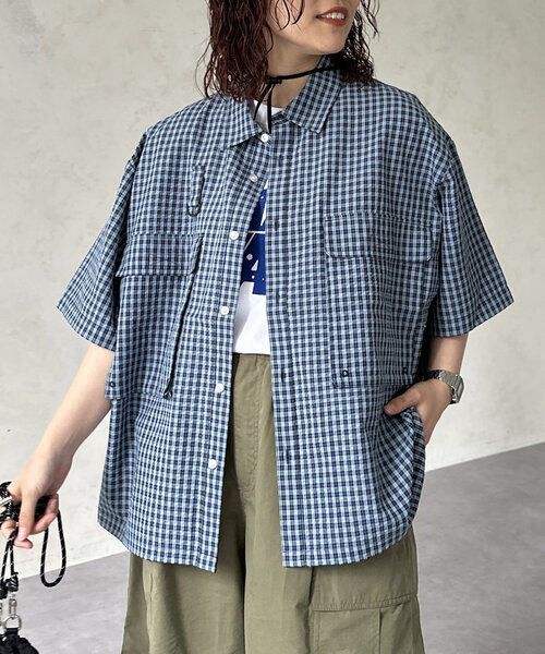 CPCM 半袖チェックフィッシングシャツ ブルー セール】【NEWデザイン！】チェックフィッシング半袖シャツ