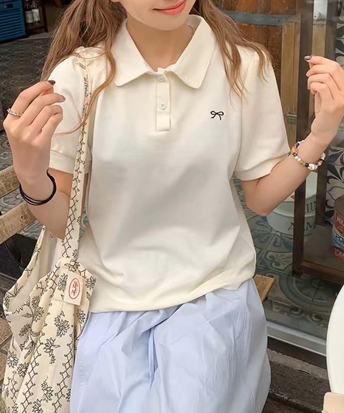 45R フリルメロウ刺繍デザイン ポロカラーカットソー 45R フリルメロウ刺繍デザイン ポロカラーカットソー