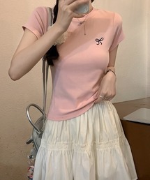 and marry リボントップス　ピンク×ホワイト XSサイズあり【ROBE de FLEURS/ローブドフルール】サテンリボン