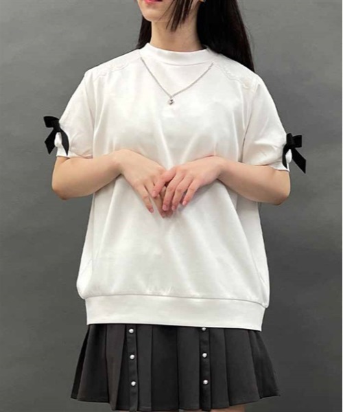 セール】肩あきリボンデザイン半袖プルオーバー（Tシャツ