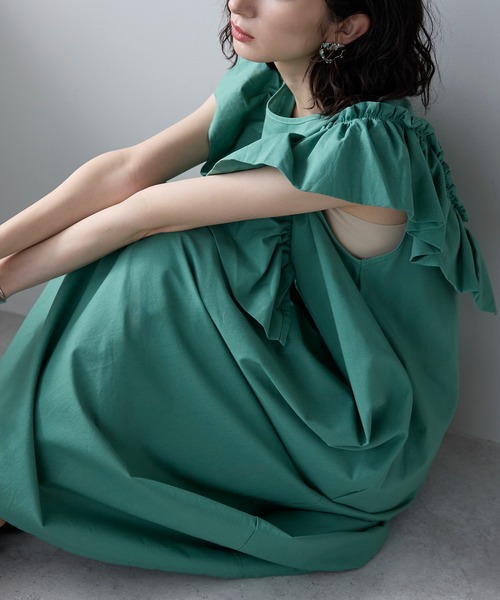 each（イーチ）の「ショルダーフリルコットンAラインワンピース（ワンピース・レディース・ブルー/ブラック/ライトグリーン/レッド/グリーン・FREE）」の3枚目の写真