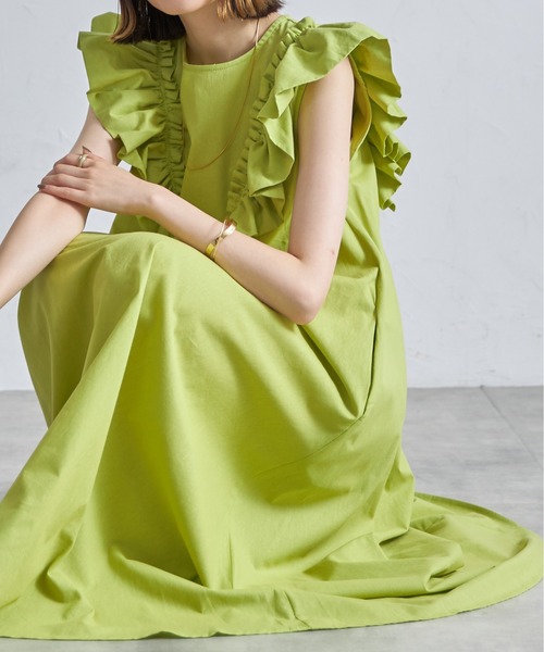 each（イーチ）の「ショルダーフリルコットンAラインワンピース（ワンピース・レディース・ブルー/ブラック/ライトグリーン/レッド/グリーン・FREE）」の4枚目の写真