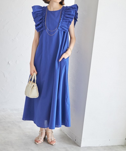 each（イーチ）の「ショルダーフリルコットンAラインワンピース（ワンピース・レディース・ブルー/ブラック/ライトグリーン/レッド/グリーン・FREE）」の9枚目の写真