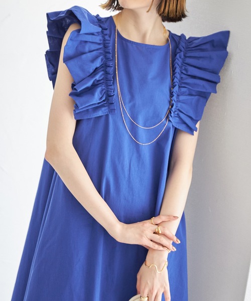 each（イーチ）の「ショルダーフリルコットンAラインワンピース（ワンピース・レディース・ブルー/ブラック/ライトグリーン/レッド/グリーン・FREE）」の10枚目の写真