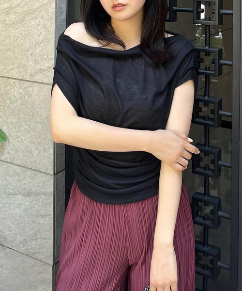 ROYAL PARTY（ロイヤルパーティー）の「アシンメトリードレープカットトップス（Tシャツ/カットソー・レディース・ブラック/マルチ/ピンク・FREE）」の10枚目の写真