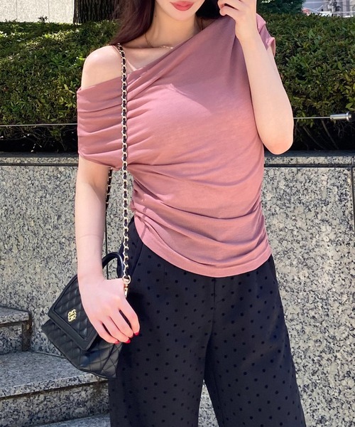 ROYAL PARTY（ロイヤルパーティー）の「アシンメトリードレープカットトップス（Tシャツ/カットソー・レディース・ブラック/マルチ/ピンク・FREE）」の8枚目の写真