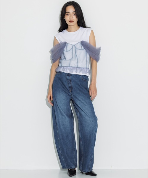 【新品未使用　試着のみ】VIVIANO チュールフリル付き青Tシャツ セール】【VIVIANO/ヴィヴィアーノ】《STUDIOUS別注》Tulle Corsert T