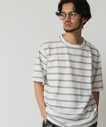 エンボスワッフル クルーネック半袖ボーダーTシャツ barcedos moderate