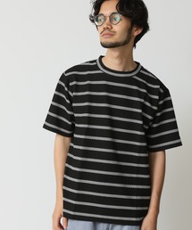 エンボスワッフル クルーネック半袖ボーダーTシャツ barcedos moderate