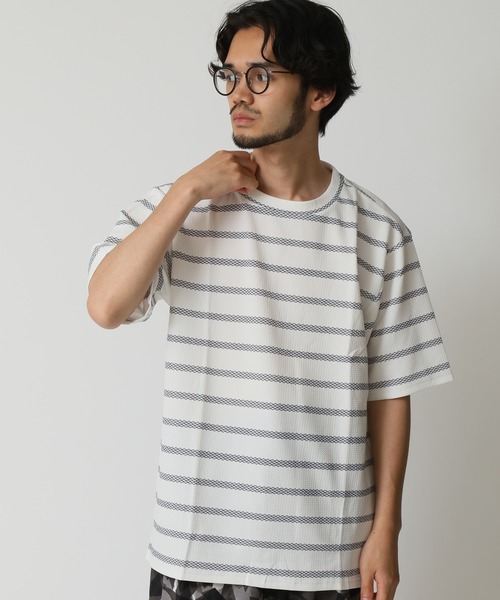 ARCADE(アーケード)の「エンボスワッフル クルーネック半袖ボーダーTシャツ barcedos moderate(Tシャツ/カットソー・メンズ・ネイビー/ブラック/オフホワイト・L/M/LL)」の12枚目の写真