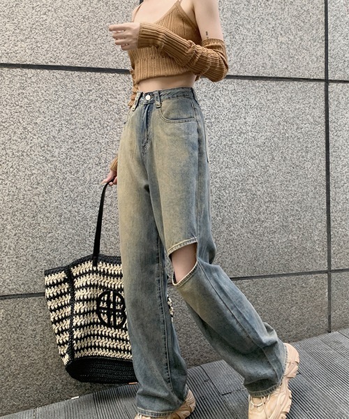 i-dare(アイディア)の「【i-dare】カットアウト ワイド デニム パンツ(デニムパンツ・レディース・ネイビー・SMALL/MEDIUM/LARGE/X-LARGE)」の1枚目の写真