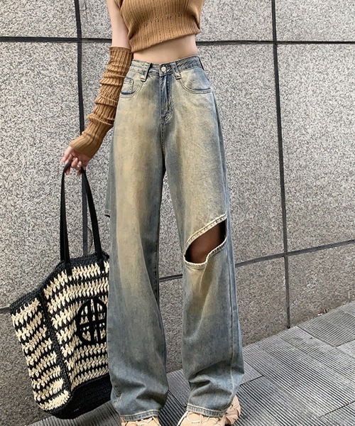 i-dare(アイディア)の「【i-dare】カットアウト ワイド デニム パンツ(デニムパンツ・レディース・ネイビー・SMALL/MEDIUM/LARGE/X-LARGE)」の2枚目の写真