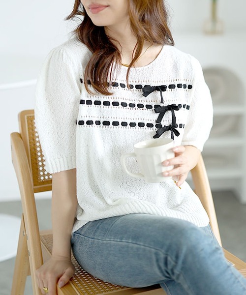 三連リボンパフスリーブサマーニット（ニット/セーター）｜GOLDJAPAN（ゴールドジャパン） 5,891円