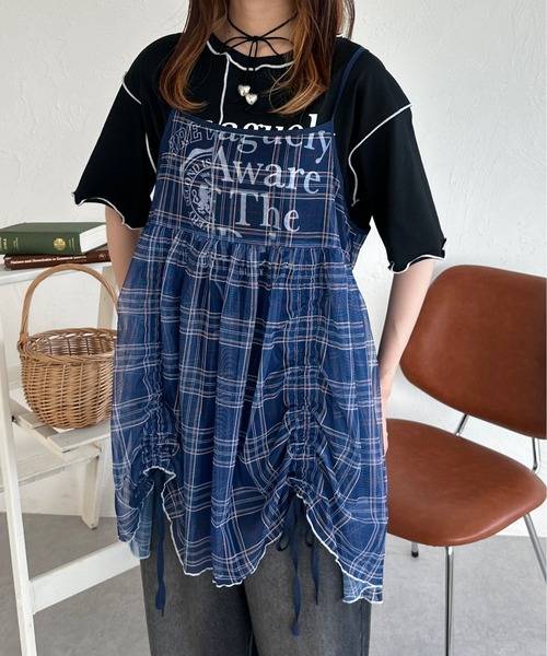 チェックチュールドロストキャミビスチェ（その他トップス）｜kutir