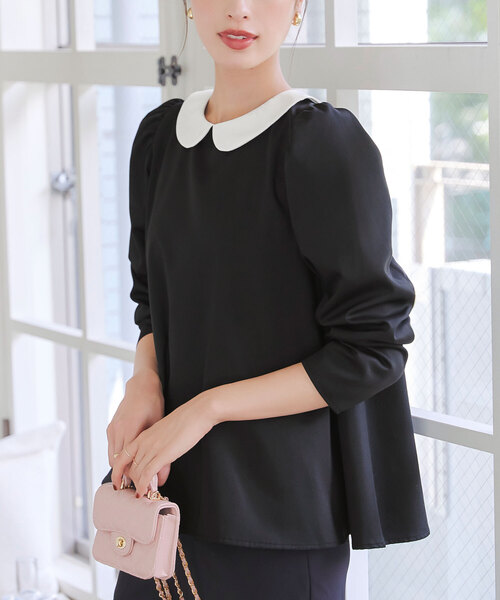 KOBE LETTUCE（コウベレタス）の「シワになりにくい プチ襟フレア長袖ブラウス（シャツ/ブラウス・レディース・ブラック×ホワイト/ネイビー×ホワイト・M）」の2枚目の写真
