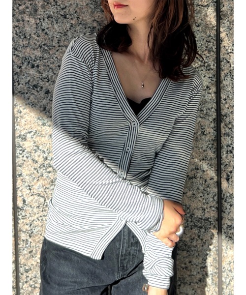 MILLER(ミラー)の「【Robert P. Miller】パネルリブ Vネック カーディガン / ボーダー / 無地 / カットソーカーディガン(Tシャツ/カットソー・レディース・グレー/ブラウン/ネイビー/ブラック・フリー)」の18枚目の写真