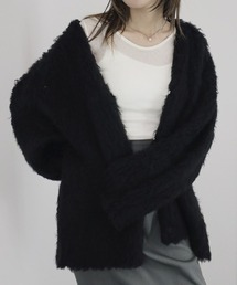 Reurie' | オーバーサイズシャギーカーディガン/over shaggy cardigan 長袖 Vネック アウター ブルゾン ふわふわ もこもこ ニット 起毛 シンプル カジュアル オーバーサイズ アイボリー ホワイト グレー チャコール ブラック 白 黒 モノトーン(カーディガン/ボレロ)
