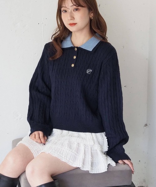 tiptop（ティップトップ）の「【選べる2デザイン】ケーブルニットポロプルオーバー（ニット/セーター・レディース・チャコールグレー/アイボリー/ネイビー/ボルドー/ネイビー系/グレー系その他・FREE）」の6枚目の写真