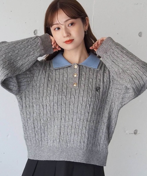 tiptop（ティップトップ）の「【選べる2デザイン】ケーブルニットポロプルオーバー（ニット/セーター・レディース・チャコールグレー/アイボリー/ネイビー/ボルドー/ネイビー系/グレー系その他・FREE）」の4枚目の写真