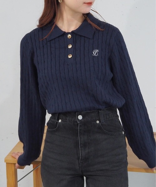 tiptop（ティップトップ）の「【選べる2デザイン】ケーブルニットポロプルオーバー（ニット/セーター・レディース・チャコールグレー/アイボリー/ネイビー/ボルドー/ネイビー系/グレー系その他・FREE）」の5枚目の写真