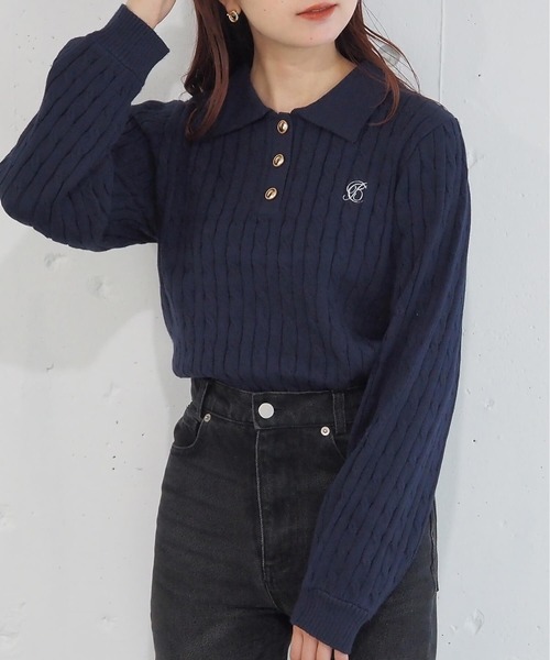 tiptop（ティップトップ）の「【選べる2デザイン】ケーブルニットポロプルオーバー（ニット/セーター・レディース・チャコールグレー/アイボリー/ネイビー/ボルドー/ネイビー系/グレー系その他・FREE）」の7枚目の写真