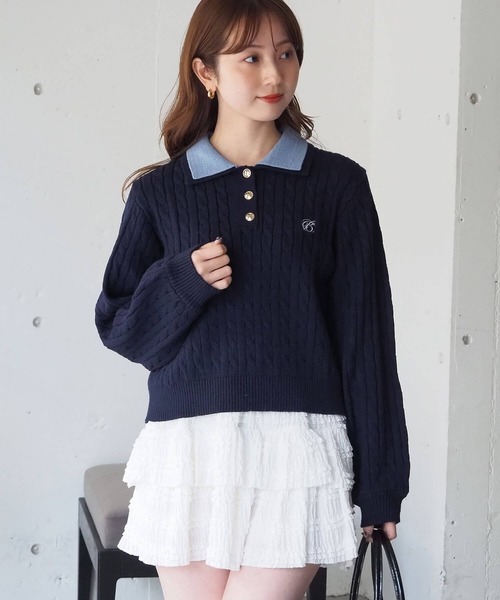 セール】【選べる2デザイン】ケーブルニットポロプルオーバー（ニット