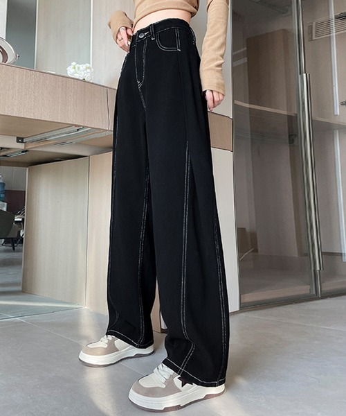 DAY CLOSET(デイ クローゼット)の「レディース サイドタックで美脚魅せ。ステッチハイウエストデニムパンツ(デニムパンツ・レディース・ブラック/ブルー・XL/S/M/L)」の3枚目の写真