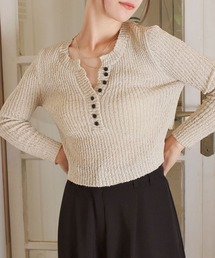 Reurie' | 【再入荷/新色追加】バックリボンシアーVネックニット / 長袖 メランジ リブ フロントボタン バックオープン 大人カジュアル きれいめ レディライク モード 韓国 ブラック 黒 チャコール グレー ベージュ(ニット/セーター)