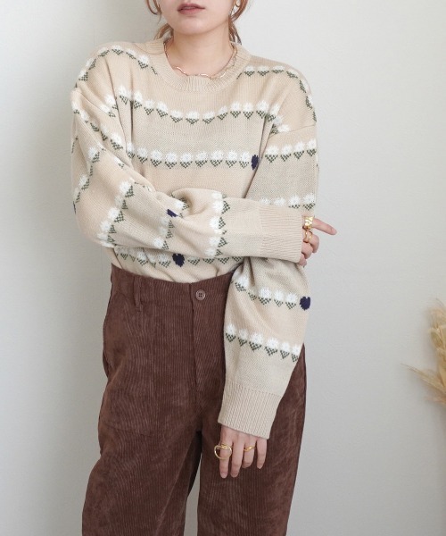 SELECT LEVERY(セレクトリベリー)の「花柄ボーダージャガードニット(ニット/セーター・レディース・アイボリー/ネイビー/ベージュ・MEDIUM)」の3枚目の写真