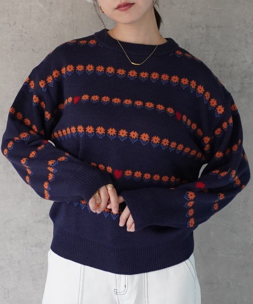 SELECT LEVERY(セレクトリベリー)の「花柄ボーダージャガードニット(ニット/セーター・レディース・アイボリー/ネイビー/ベージュ・MEDIUM)」の1枚目の写真