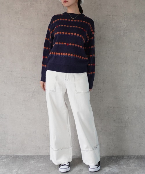 SELECT LEVERY(セレクトリベリー)の「花柄ボーダージャガードニット(ニット/セーター・レディース・アイボリー/ネイビー/ベージュ・MEDIUM)」の8枚目の写真