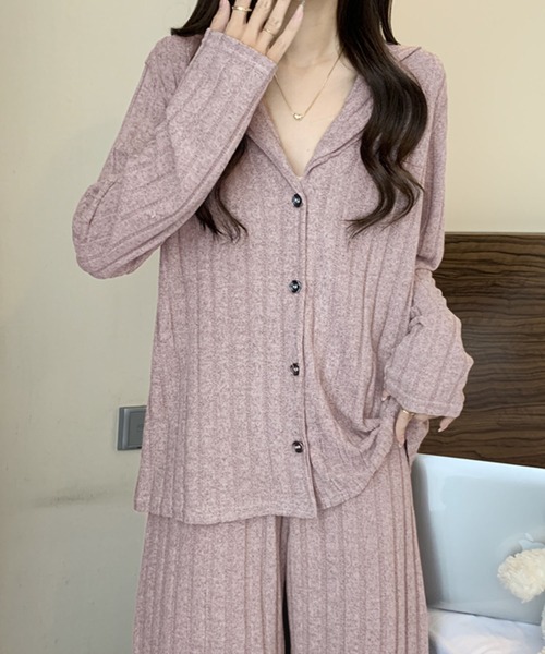 PRIVATE  BEACH（プライベートビーチ）の「2点セットルームウェア ストライプ起毛シャツ＆パンツ（ルームウェア/パジャマ・レディース・ブルー/パープル/グリーン・FREE）」の3枚目の写真