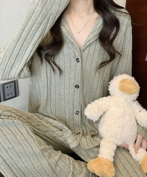 PRIVATE  BEACH（プライベートビーチ）の「2点セットルームウェア ストライプ起毛シャツ＆パンツ（ルームウェア/パジャマ・レディース・ブルー/パープル/グリーン・FREE）」の2枚目の写真