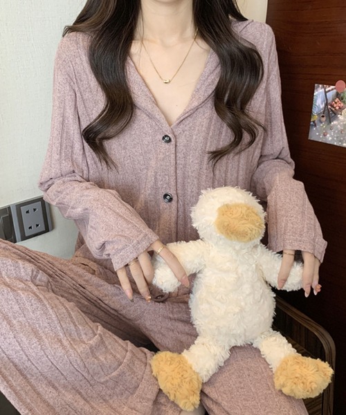 PRIVATE  BEACH（プライベートビーチ）の「2点セットルームウェア ストライプ起毛シャツ＆パンツ（ルームウェア/パジャマ・レディース・ブルー/パープル/グリーン・FREE）」の4枚目の写真