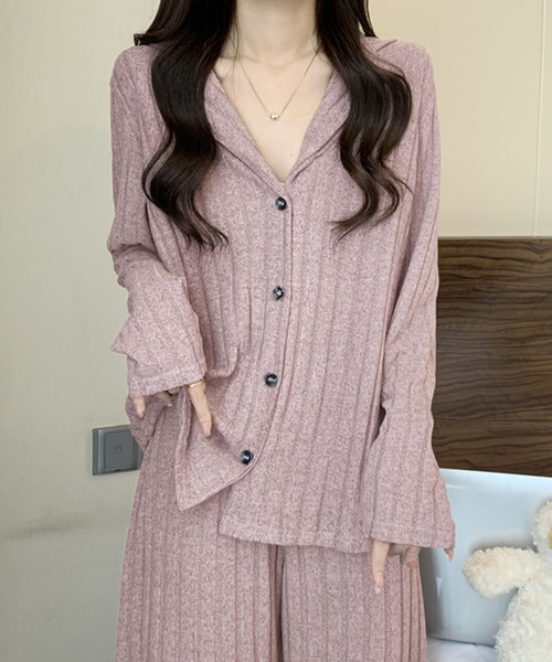 PRIVATE  BEACH（プライベートビーチ）の「2点セットルームウェア ストライプ起毛シャツ＆パンツ（ルームウェア/パジャマ・レディース・ブルー/パープル/グリーン・FREE）」の5枚目の写真