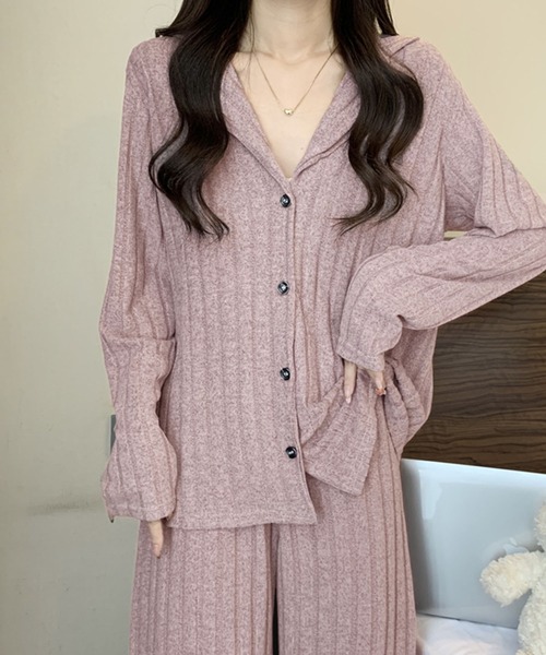 PRIVATE  BEACH（プライベートビーチ）の「2点セットルームウェア ストライプ起毛シャツ＆パンツ（ルームウェア/パジャマ・レディース・ブルー/パープル/グリーン・FREE）」の6枚目の写真