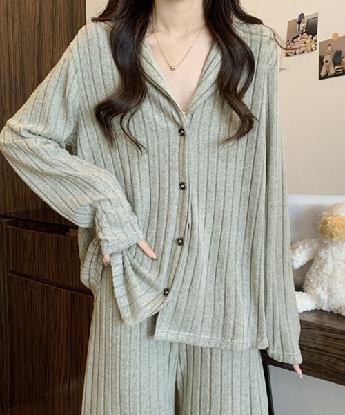 PRIVATE  BEACH（プライベートビーチ）の「2点セットルームウェア ストライプ起毛シャツ＆パンツ（ルームウェア/パジャマ・レディース・ブルー/パープル/グリーン・FREE）」の8枚目の写真