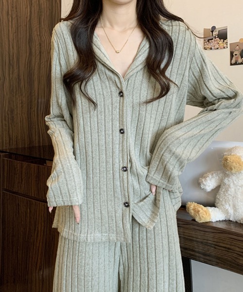 PRIVATE  BEACH（プライベートビーチ）の「2点セットルームウェア ストライプ起毛シャツ＆パンツ（ルームウェア/パジャマ・レディース・ブルー/パープル/グリーン・FREE）」の9枚目の写真