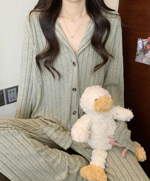 PRIVATE  BEACH（プライベートビーチ）の「2点セットルームウェア ストライプ起毛シャツ＆パンツ（ルームウェア/パジャマ・レディース・ブルー/パープル/グリーン・FREE）」の10枚目の写真