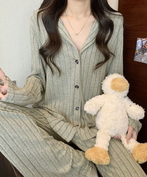 PRIVATE  BEACH（プライベートビーチ）の「2点セットルームウェア ストライプ起毛シャツ＆パンツ（ルームウェア/パジャマ・レディース・ブルー/パープル/グリーン・FREE）」の11枚目の写真