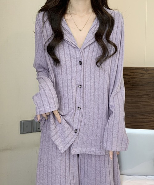 PRIVATE  BEACH（プライベートビーチ）の「2点セットルームウェア ストライプ起毛シャツ＆パンツ（ルームウェア/パジャマ・レディース・ブルー/パープル/グリーン・FREE）」の13枚目の写真