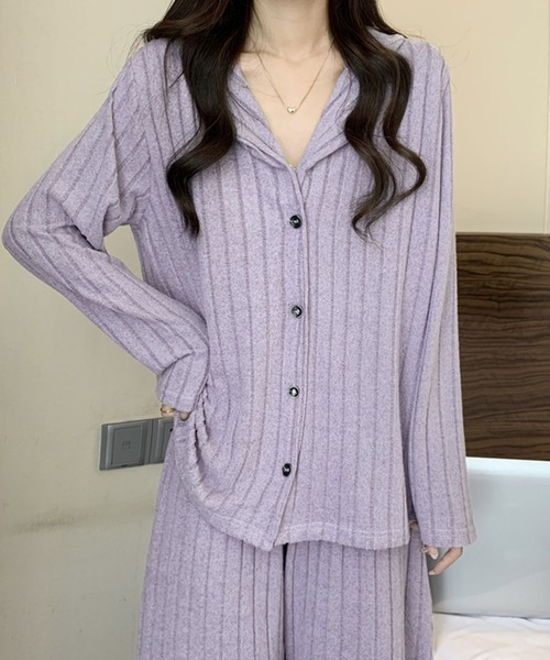 PRIVATE  BEACH（プライベートビーチ）の「2点セットルームウェア ストライプ起毛シャツ＆パンツ（ルームウェア/パジャマ・レディース・ブルー/パープル/グリーン・FREE）」の14枚目の写真