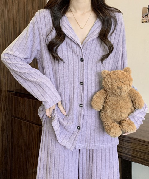 PRIVATE  BEACH（プライベートビーチ）の「2点セットルームウェア ストライプ起毛シャツ＆パンツ（ルームウェア/パジャマ・レディース・ブルー/パープル/グリーン・FREE）」の15枚目の写真