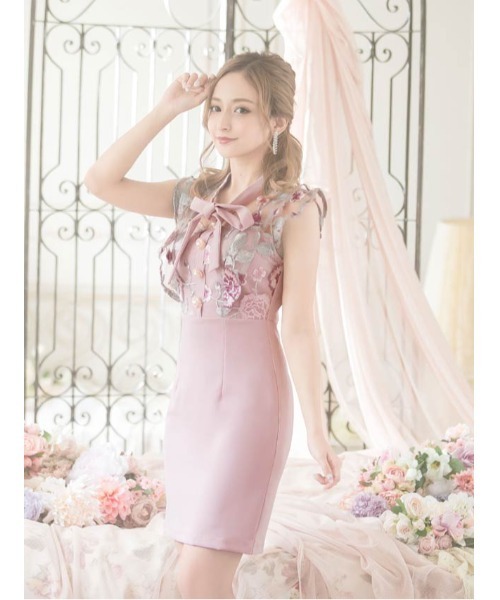 リボン 付 フラワー 刺繍 タイト ミニ ドレス（ドレス）｜DAZZY（デイジー）