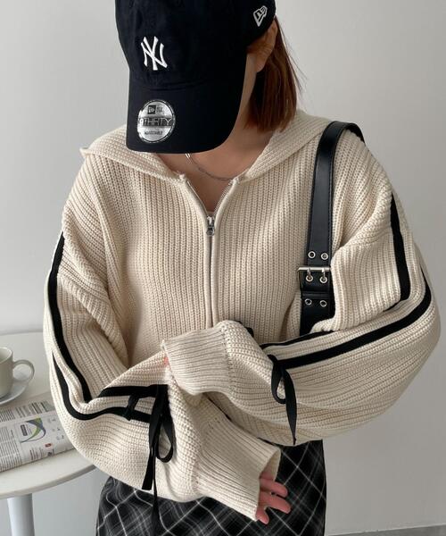 WEGO（ウィゴー）の「WEGO/ラインリボンダブルジップニットパーカー（カーディガン/ボレロ・レディース・アイボリー/ピンク/ブラック・FREE）」の2枚目の写真