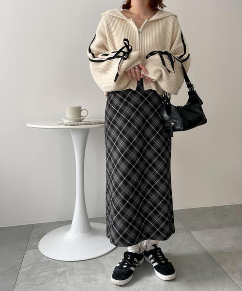 WEGO（ウィゴー）の「WEGO/ラインリボンダブルジップニットパーカー（カーディガン/ボレロ・レディース・アイボリー/ピンク/ブラック・FREE）」の5枚目の写真