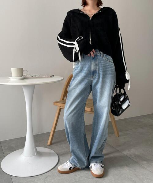 WEGO（ウィゴー）の「WEGO/ラインリボンダブルジップニットパーカー（カーディガン/ボレロ・レディース・アイボリー/ピンク/ブラック・FREE）」の6枚目の写真